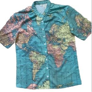 MADE WITH LOVE | Globe Print Blouse Button Down XS